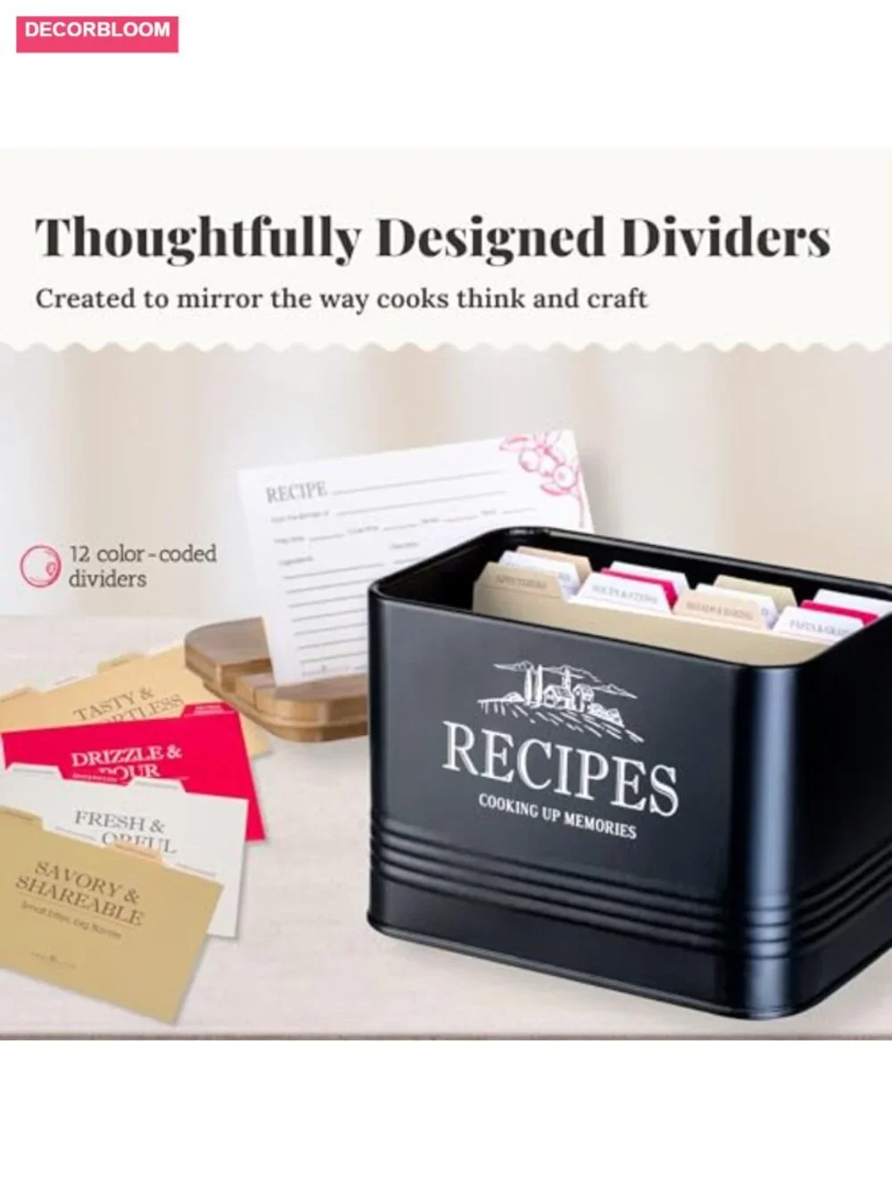 Metal Recipe Box & 3 Kitchen Canisters Set with Utensil Holder